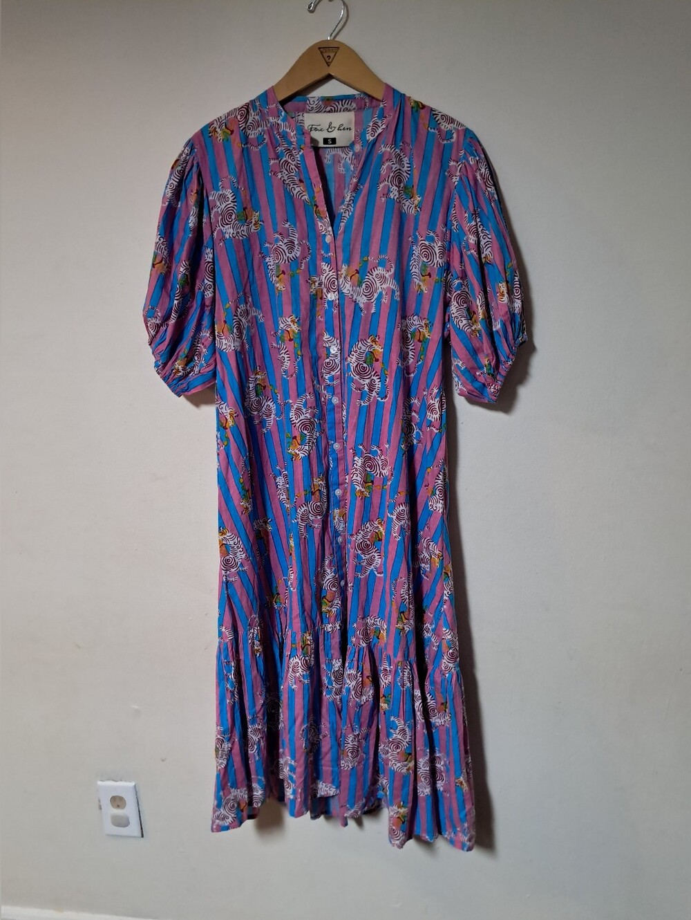 Fox & Hen Womens Cotton Pink-blue Striped Zebra Print Button-Front Midi Dress S.